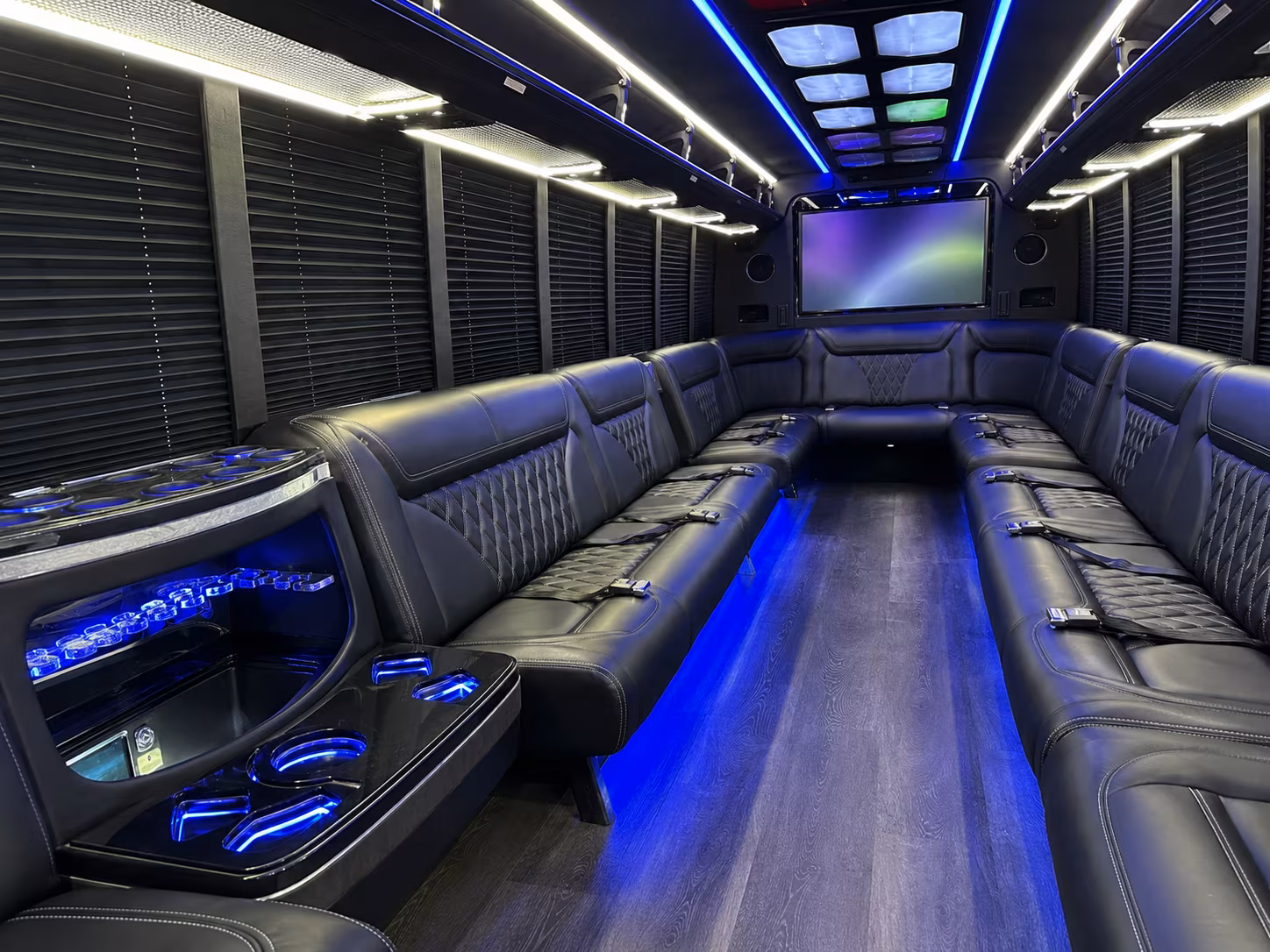 meridian 20 passenger party bus inside