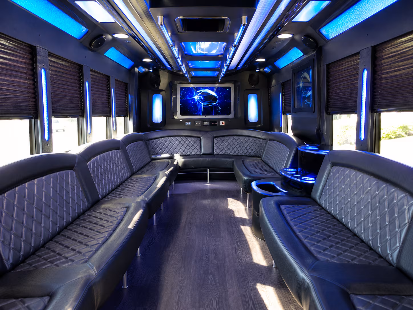 meridian 28 passenger party bus inside